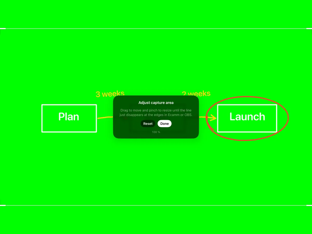 Overlay Pen adjusting the 16:9 capture area on a green background, with the Adjust capture area panel