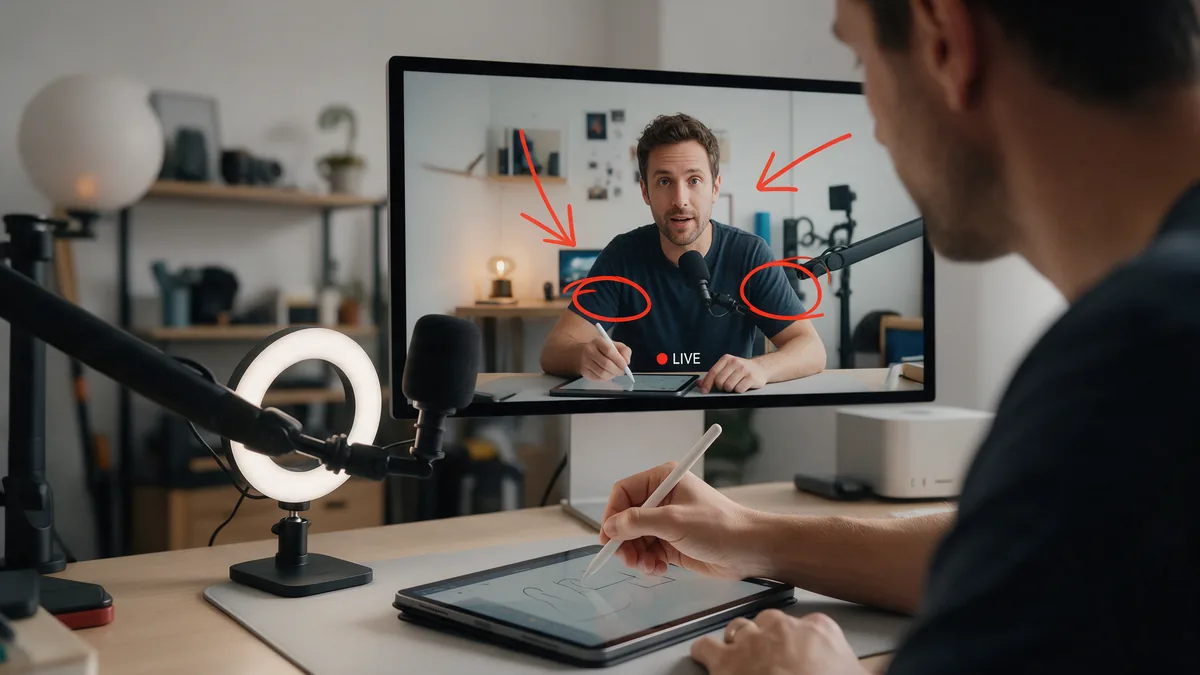 Streamer at a desk drawing with Apple Pencil on an iPad while the live stream with red arrows shows on the monitor